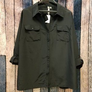 Roll Sleeve Button Down Black Top
